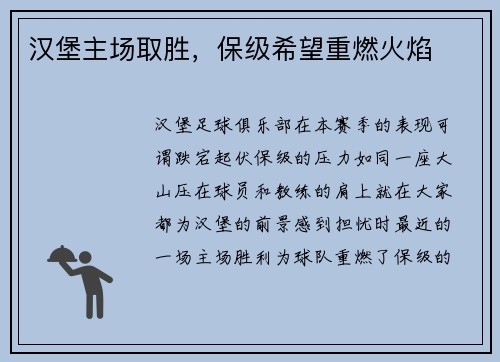汉堡主场取胜，保级希望重燃火焰